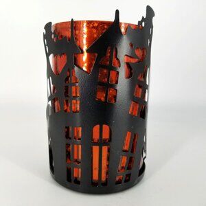 Haunted House Pillar Votive Candle Holder Metal Halloween Mercury Glass Black 6"